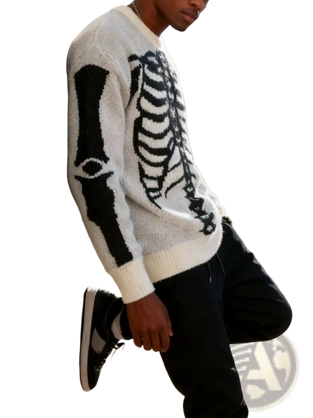 White knit sweater for men with black skeleton jacquard design featuring gothic style front pattern