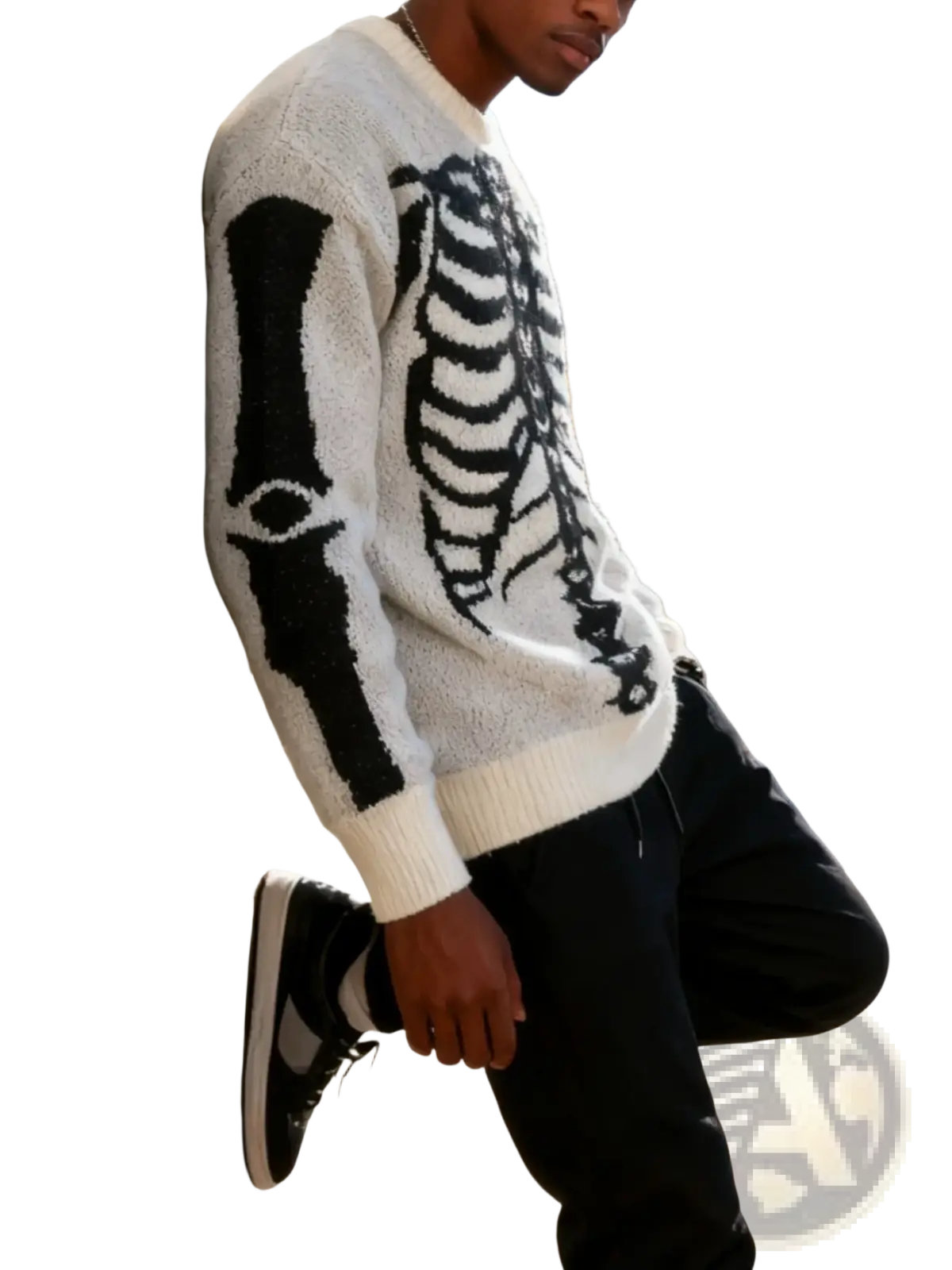 White knit sweater for men with black skeleton jacquard design featuring gothic style front pattern