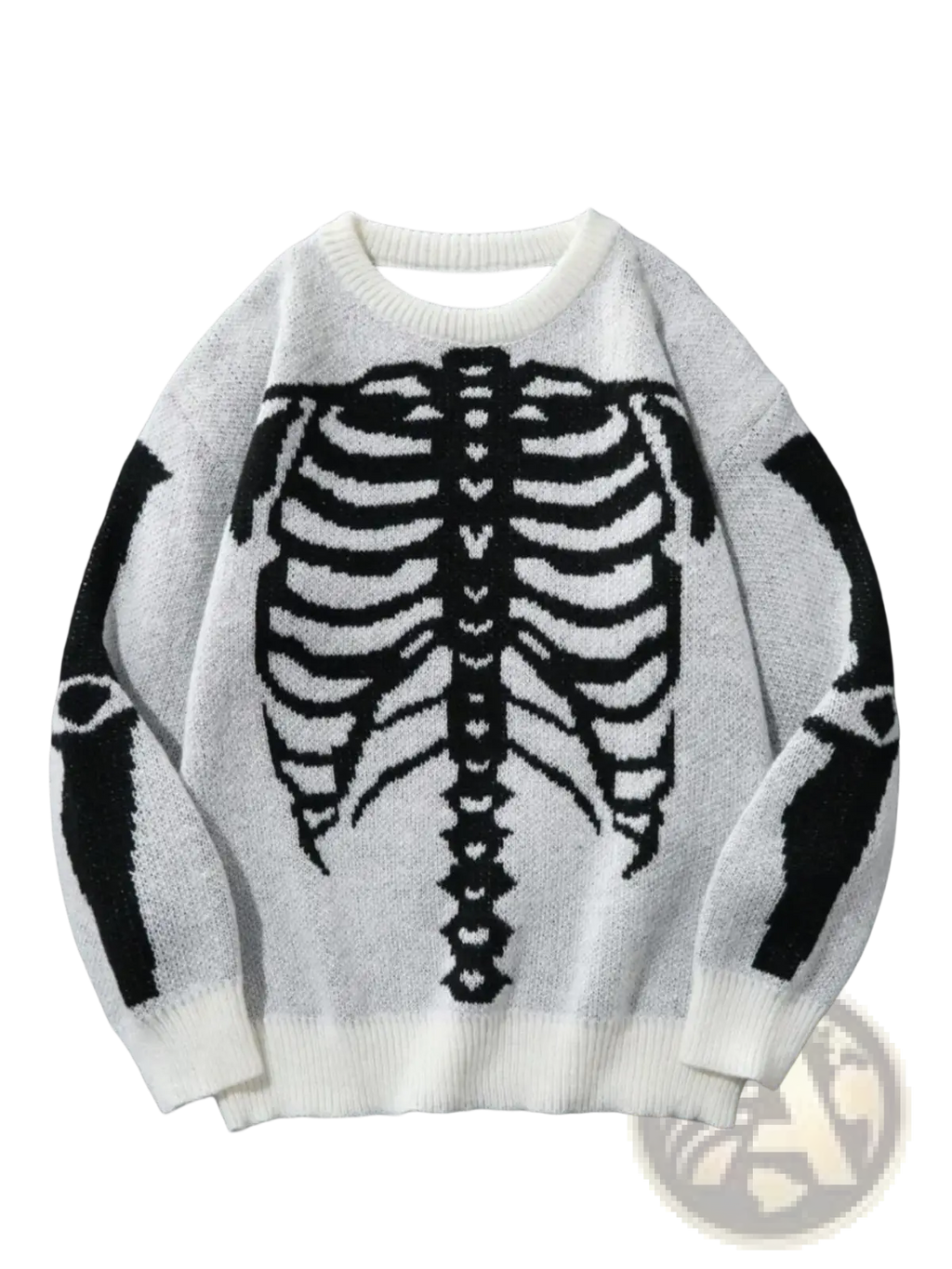 White knit skeleton jacquard gothic sweater for men with black ribcage design and matching arm panels