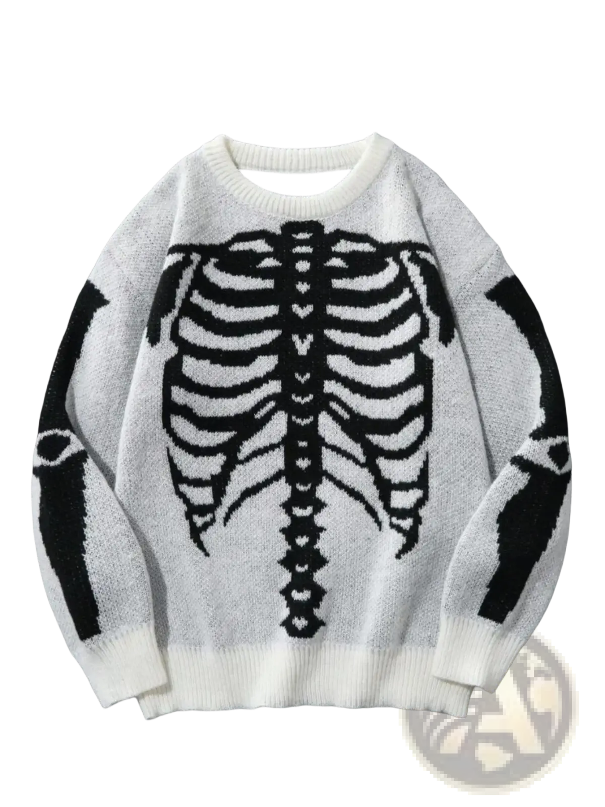 White knit skeleton jacquard gothic sweater for men with black ribcage design and matching arm panels