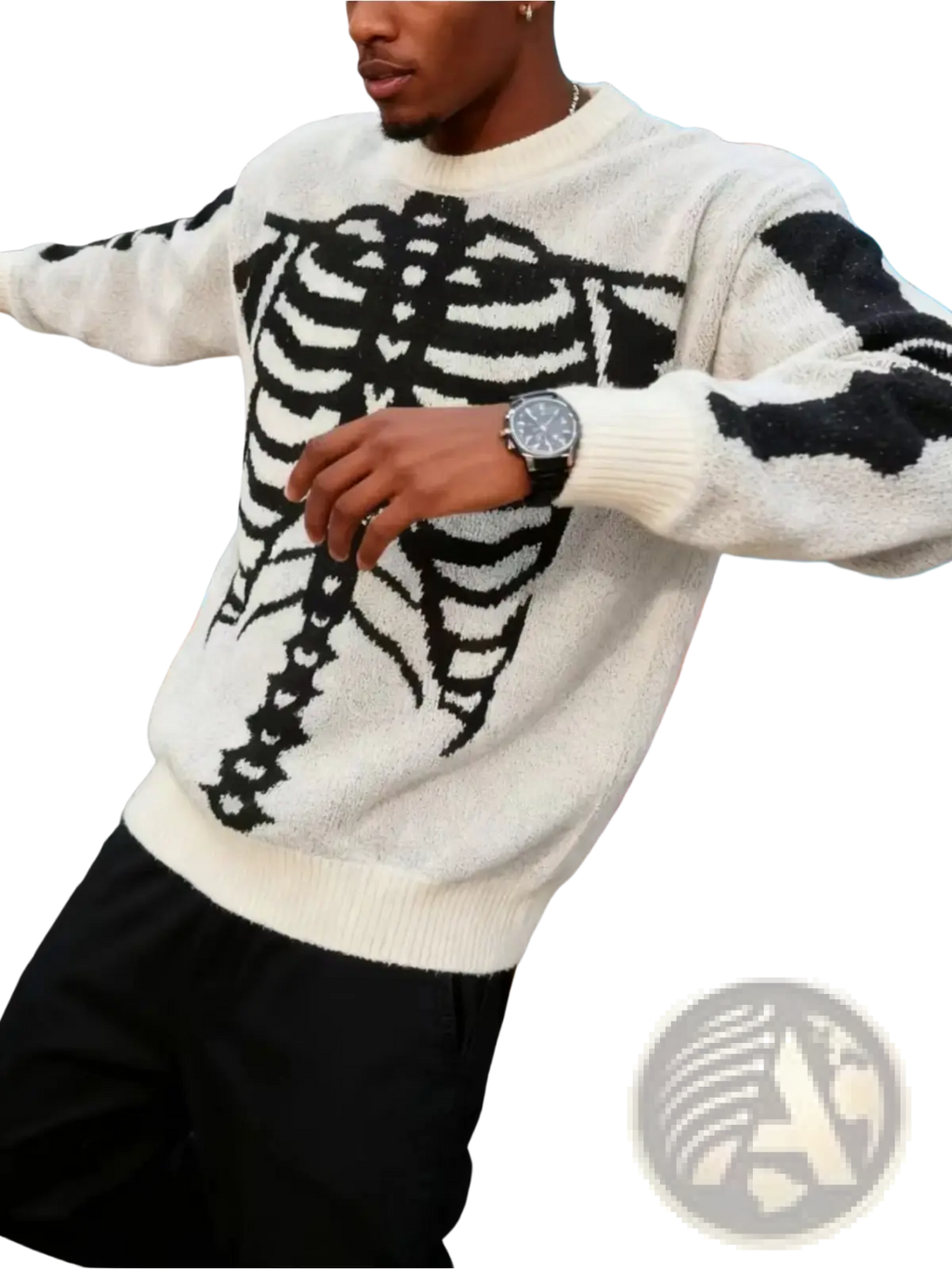 White skeleton-patterned knit sweater for men with black ribcage design and textured fabric in gothic style