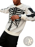 A cream-colored knit sweater with a bold black skeleton ribcage jacquard design for men in gothic style