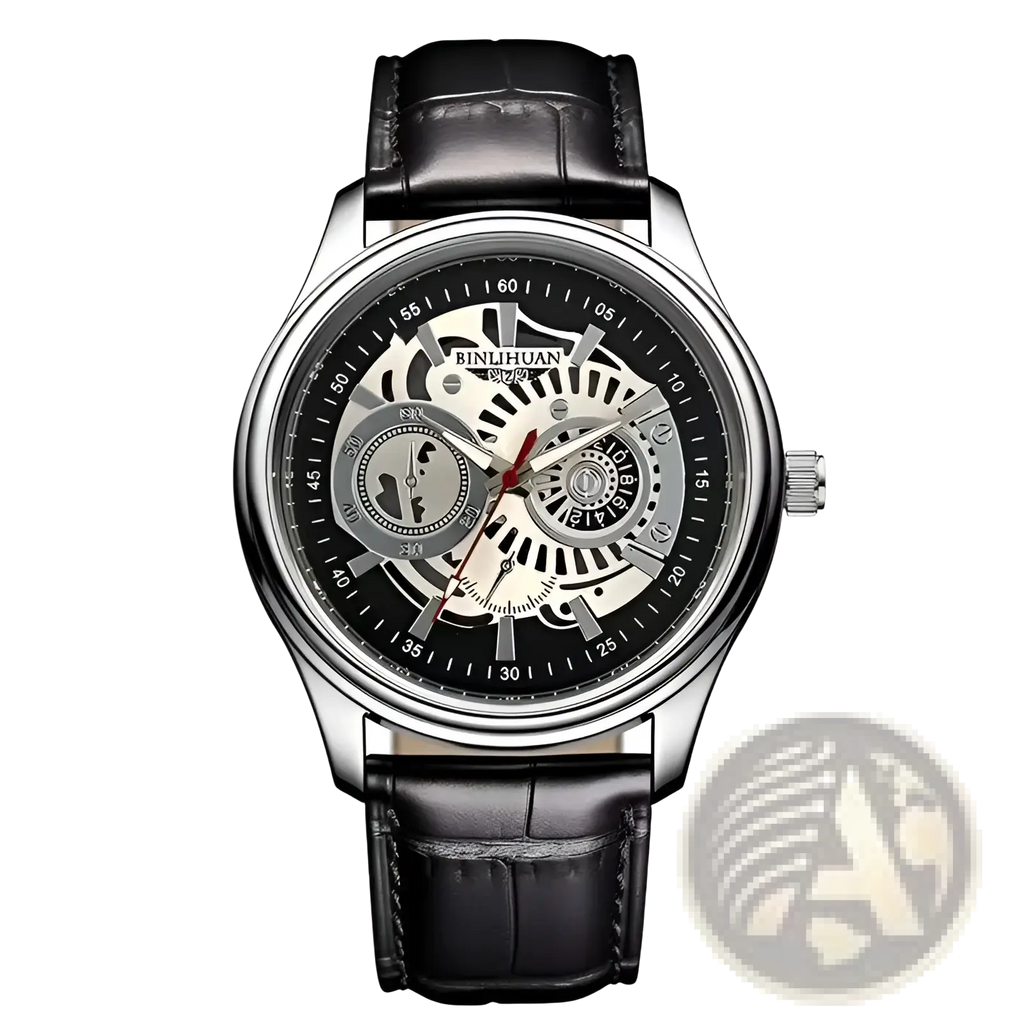 Skeleton mechanical watch with black leather strap silver-toned case and visible internal gears