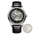 Skeleton mechanical watch with black leather strap silver-toned case and visible internal gears