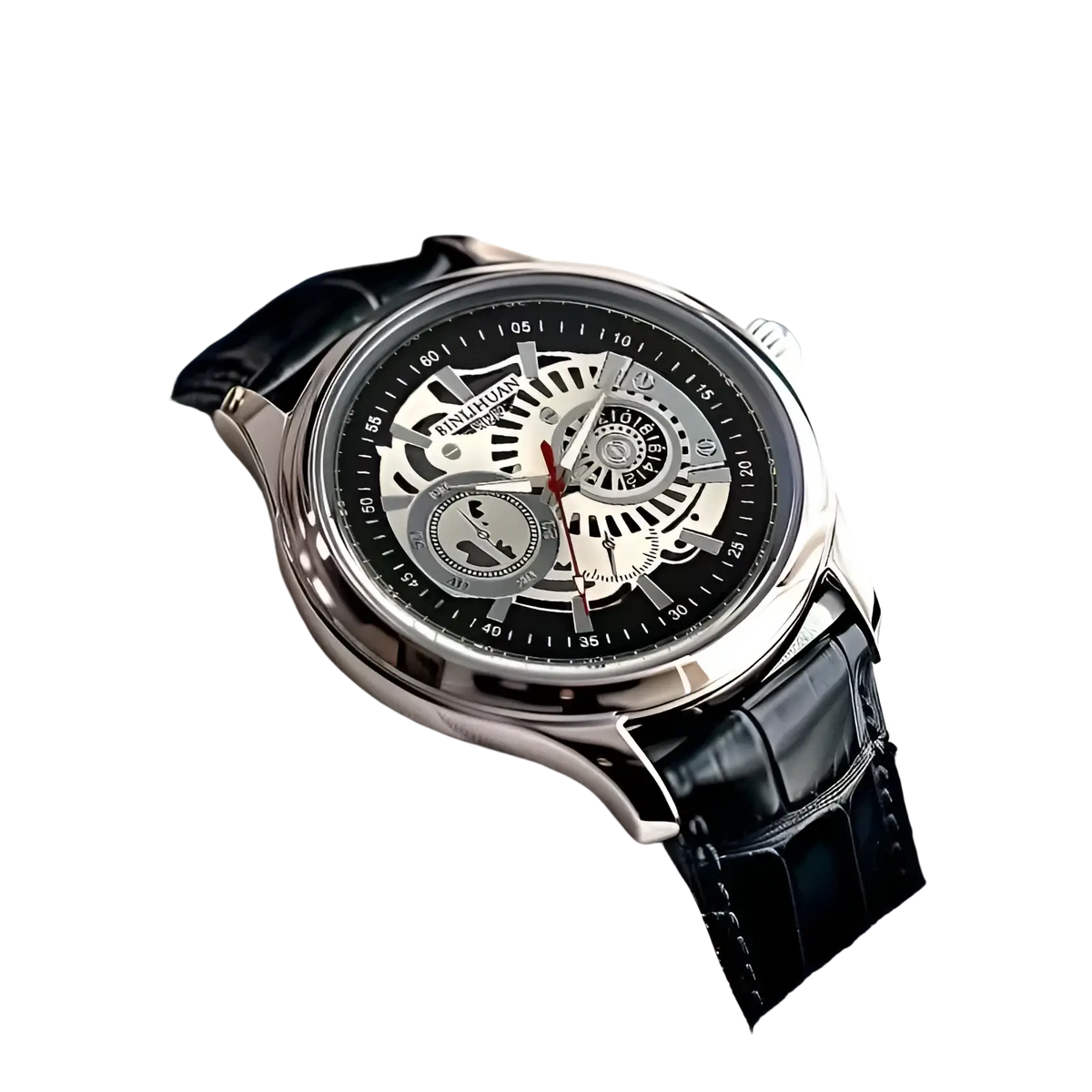 Silver skeleton mechanical watch with black dial and black crocodile leather strap for elegant wear