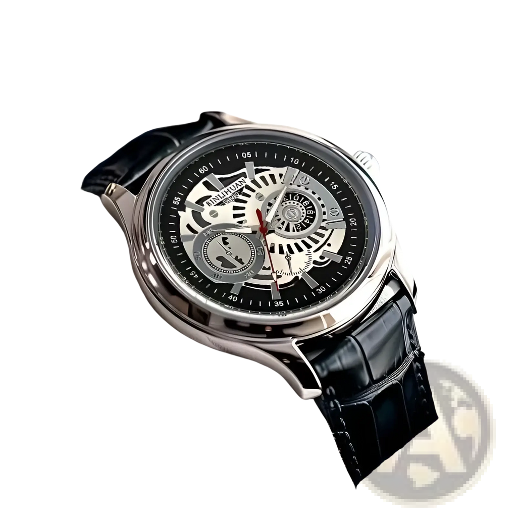 Silver skeleton mechanical watch with black dial and black crocodile leather strap for elegant wear