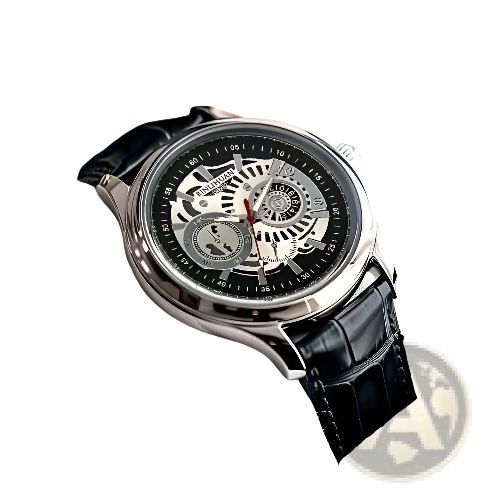 Silver skeleton mechanical watch with black dial and black crocodile leather strap for elegant wear