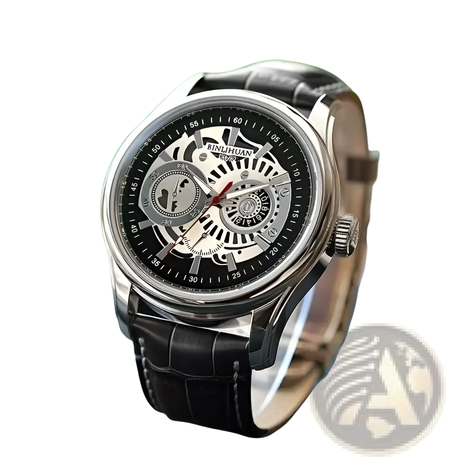 A sleek silver skeleton mechanical watch with black dial, red second hand, and black leather strap