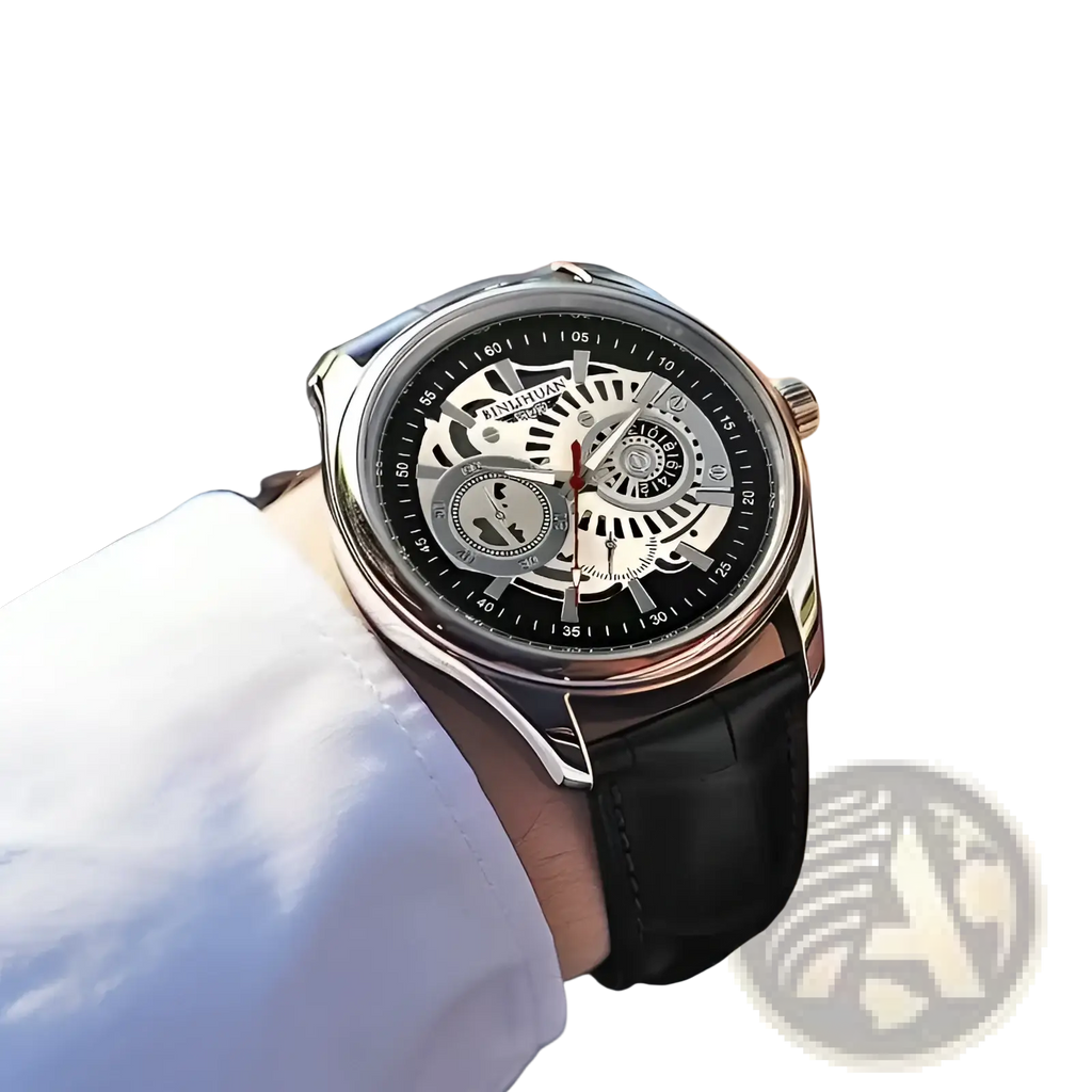 A sleek silver-toned skeleton mechanical watch with a black dial, exposed gears, and a black leather strap