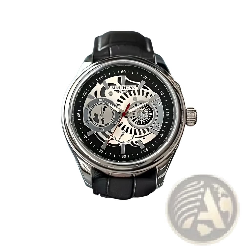 A sleek silver-toned skeleton mechanical watch with black leather strap and exposed gears by finlihuan