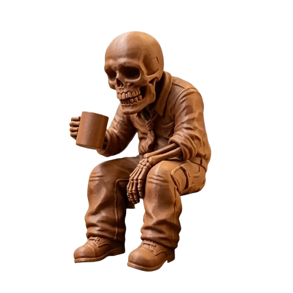 Brown skeleton office worker coffee figurine dressed in a suit and shoes holding a matching mug
