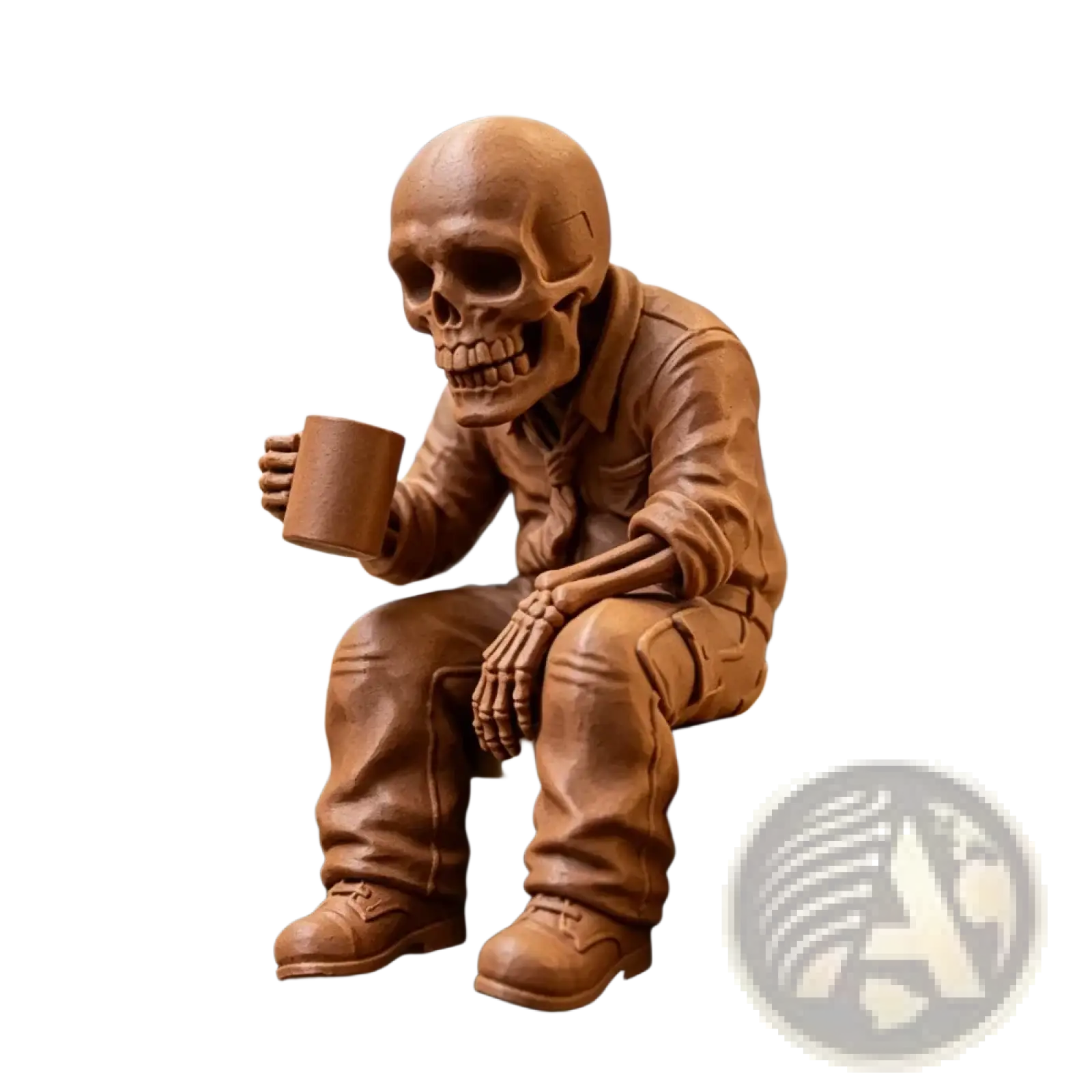Brown skeleton office worker coffee figurine dressed in a suit and shoes holding a matching mug