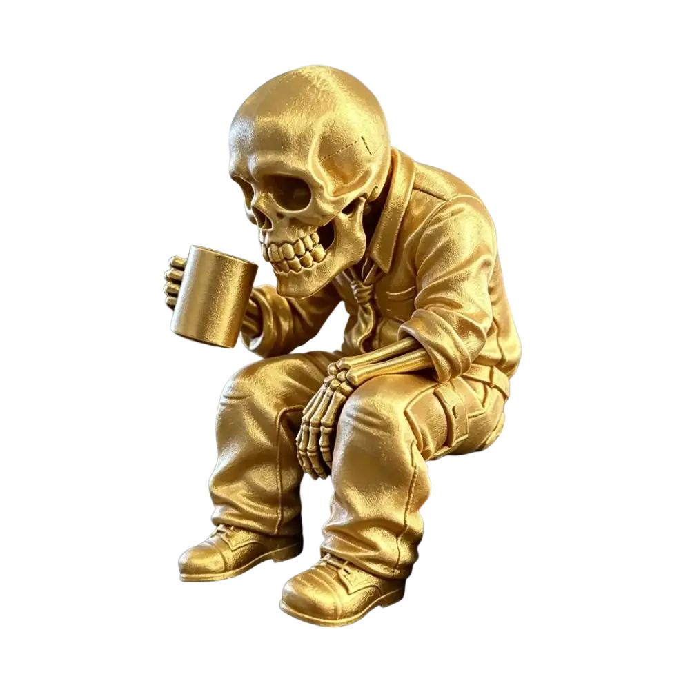 Golden skeleton office worker coffee figurine in a detailed jumpsuit seated holding a matching golden mug