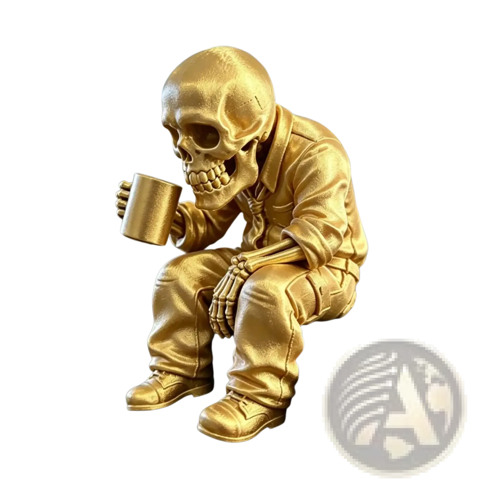 Golden skeleton office worker coffee figurine in a detailed jumpsuit seated holding a matching golden mug