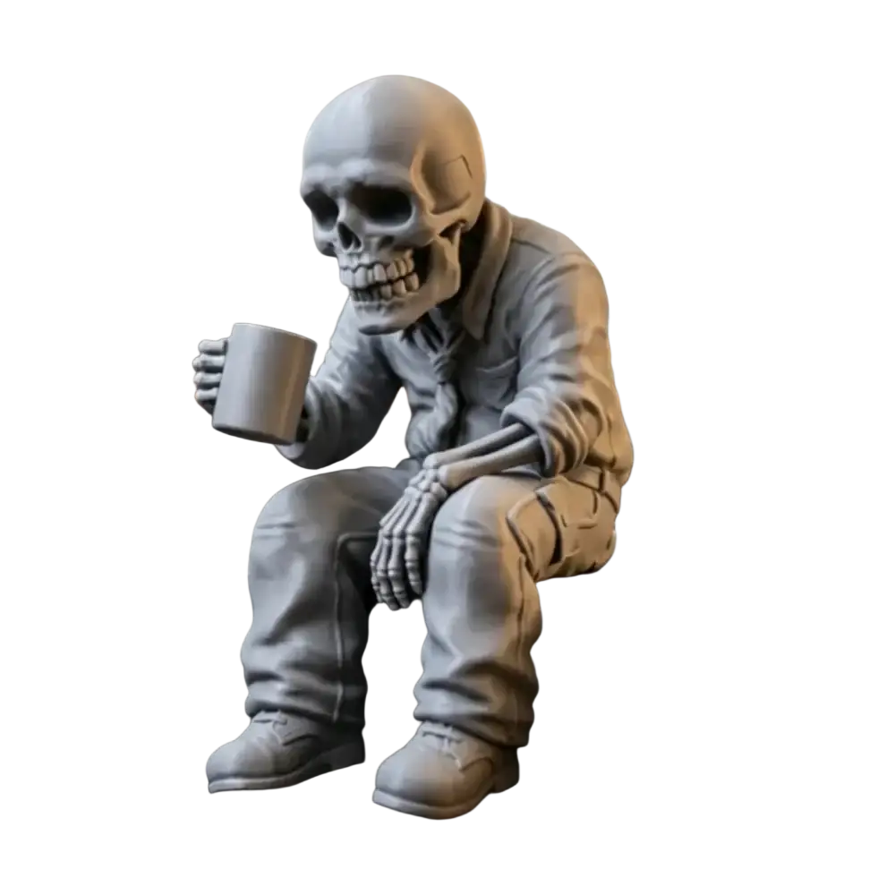Gray skeleton office worker coffee figurine dressed in casual attire seated holding a mug