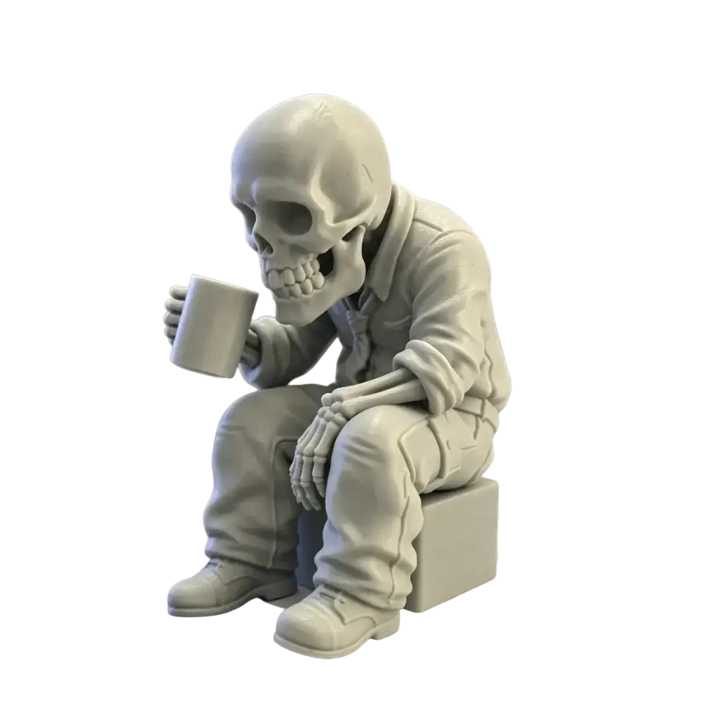 A gray detailed skeleton office worker coffee figurine dressed in casual outfit holding a mug
