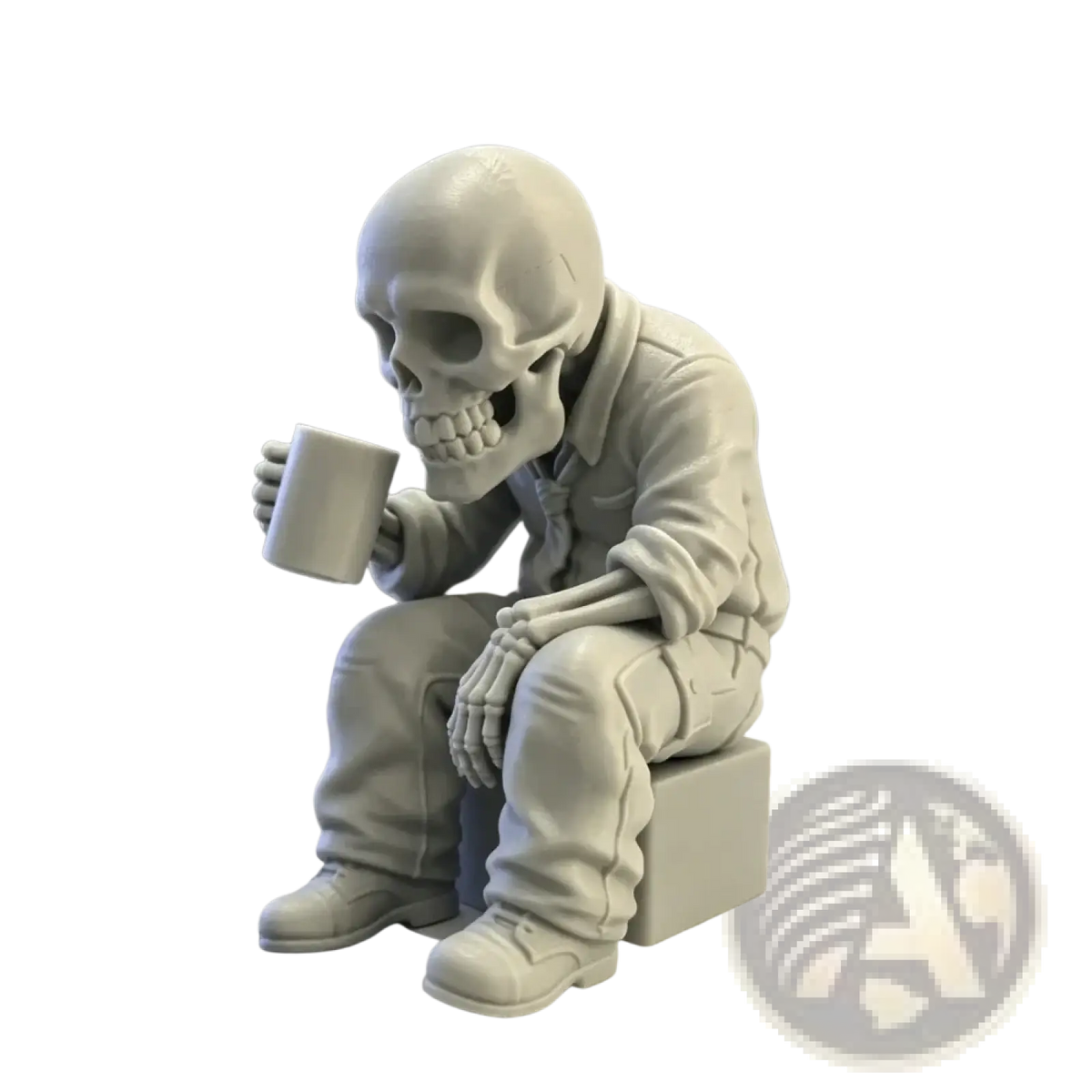 A gray detailed skeleton office worker coffee figurine dressed in casual outfit holding a mug