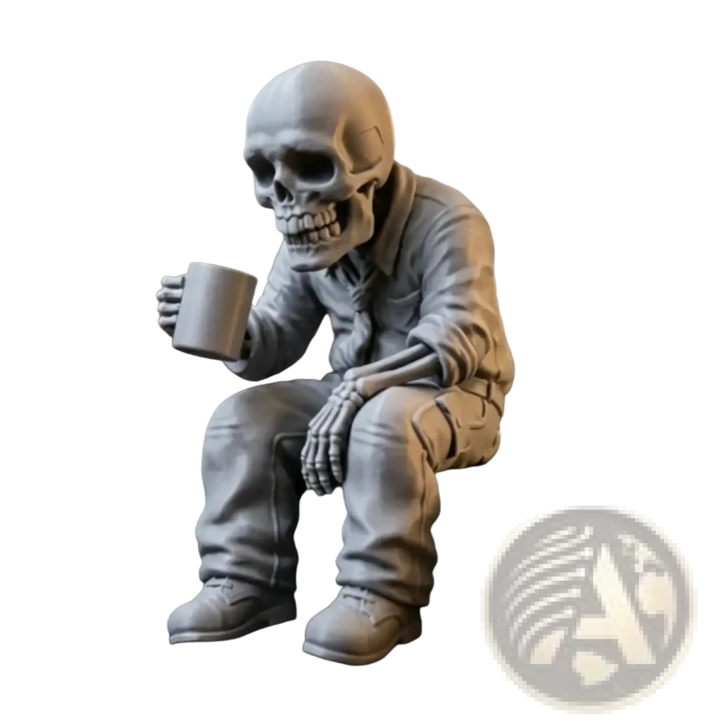 Gray skeleton office worker coffee figurine dressed in casual attire seated holding a mug