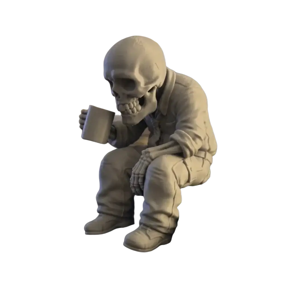 Gray skull figurine in detailed astronaut suit seated holding a mug skeleton office worker coffee figurine
