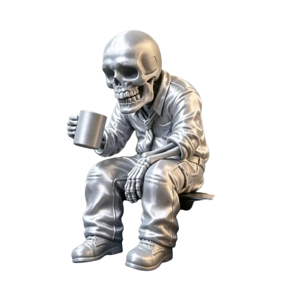 Silver skeleton office worker coffee figurine dressed in suit holding matching metallic mug in hand