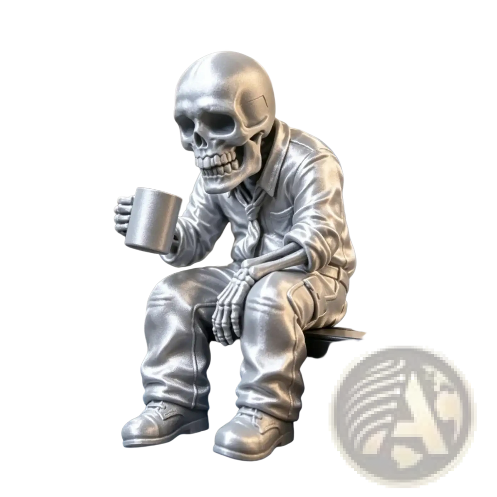 Silver skeleton office worker coffee figurine dressed in suit holding matching metallic mug in hand