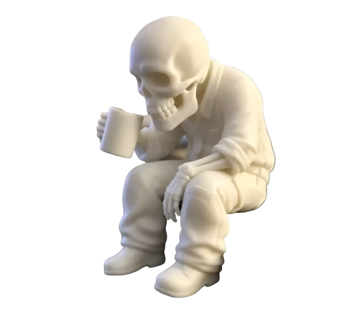 White 3d-printed skeleton office worker coffee figurine dressed in casual attire seated holding a mug