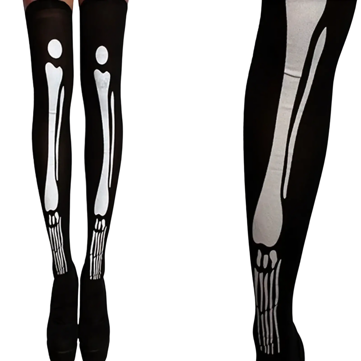 Black thigh high stockings with white skeletal print designed for Halloween themed wear