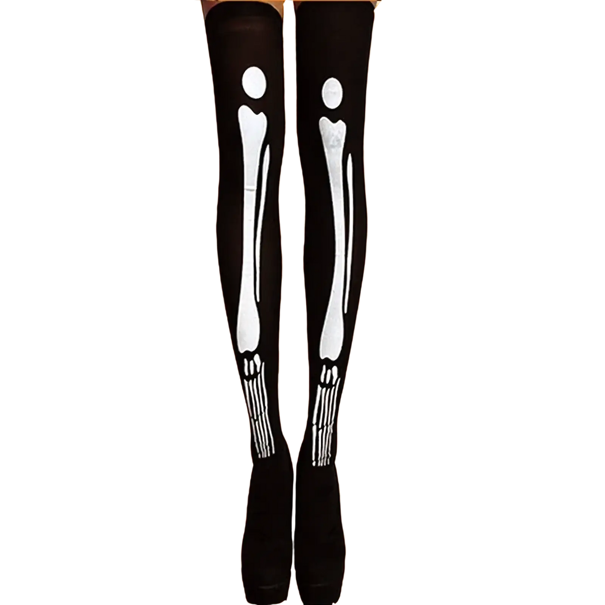Black thigh high stockings with white skeletal print design perfect for Halloween costume wear