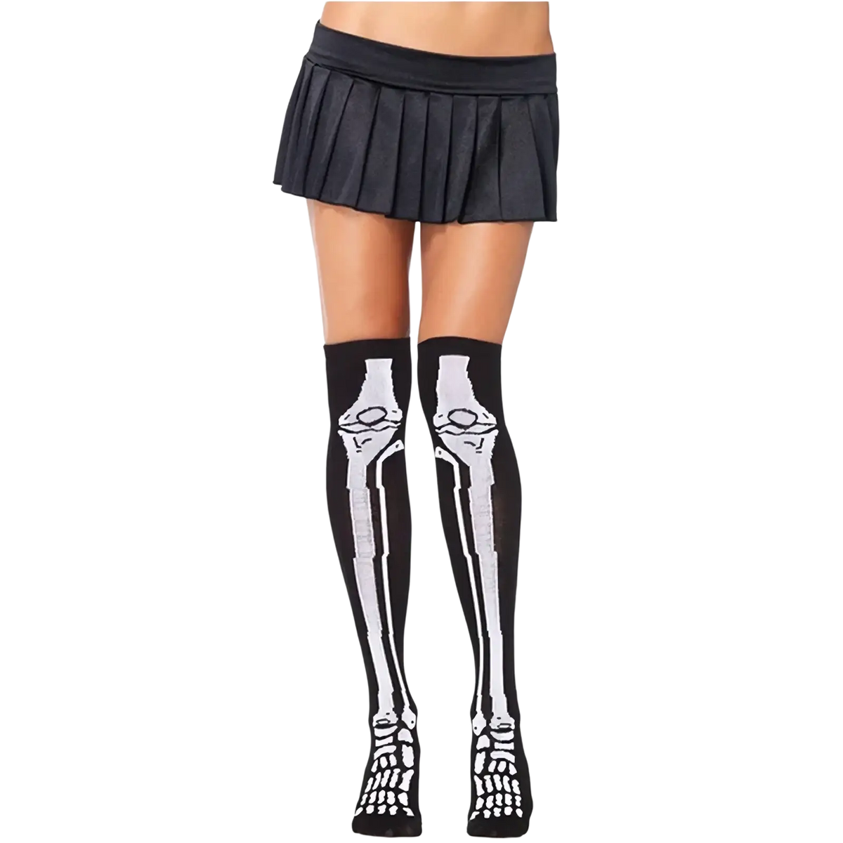 Black knee-high stretchy knit socks with detailed white skeletal leg design skeleton print halloween thigh high stockings