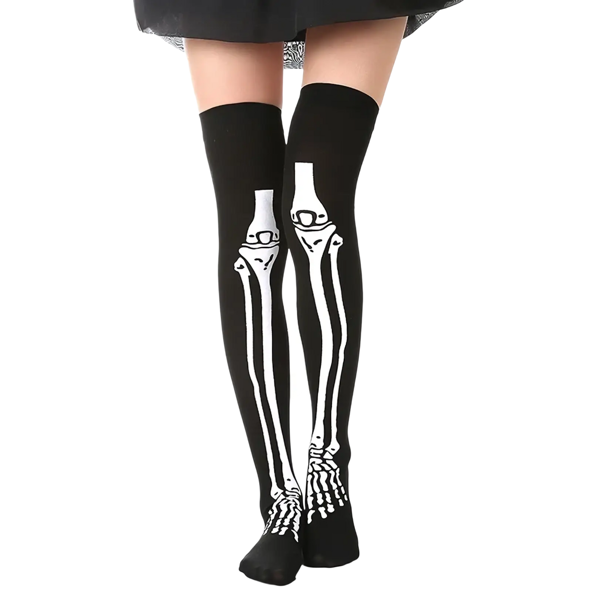 Black over-the-knee socks with white skeletal design featuring a skeleton print for halloween thigh high stockings