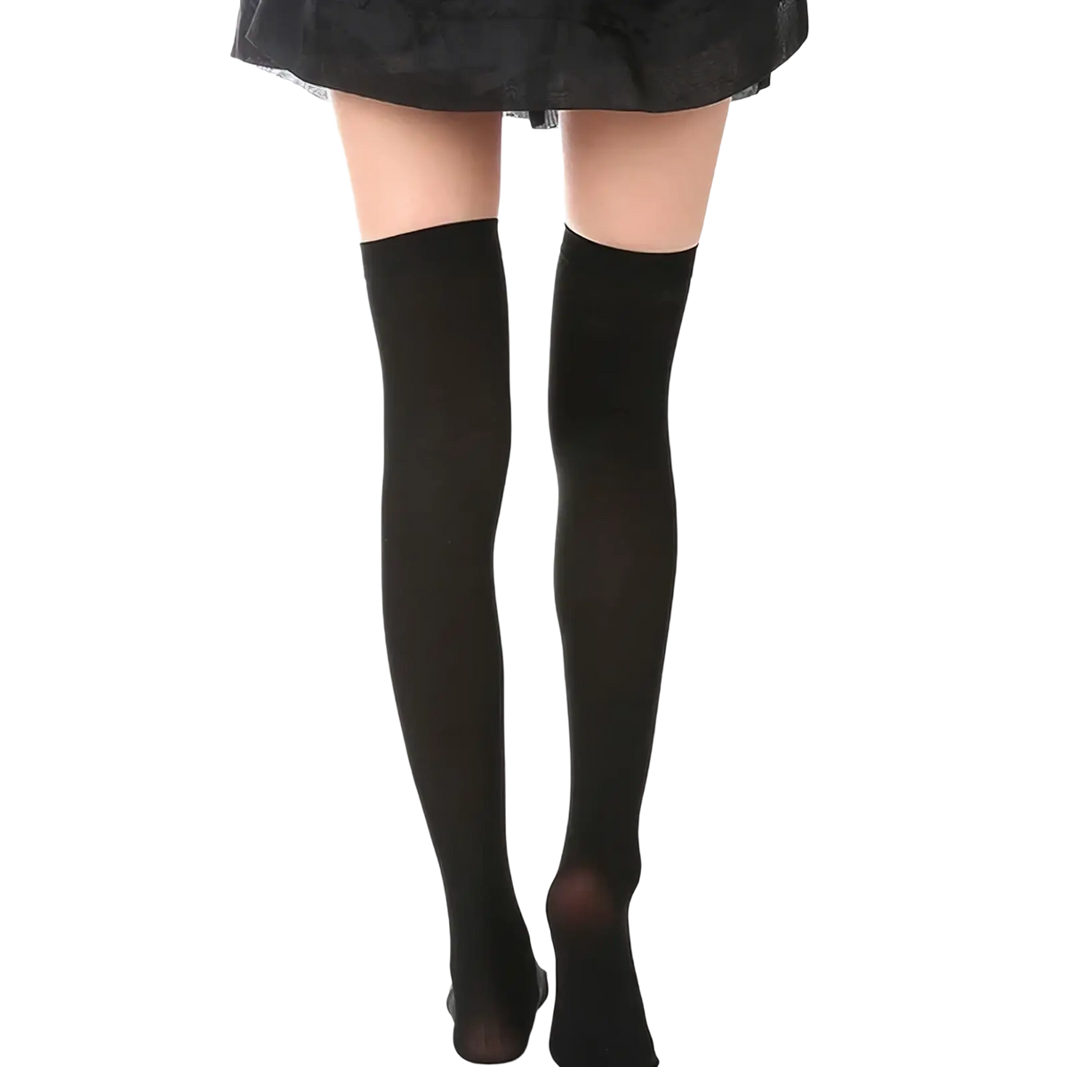 Black smooth-textured skeleton print thigh high stockings designed for halloween costume use