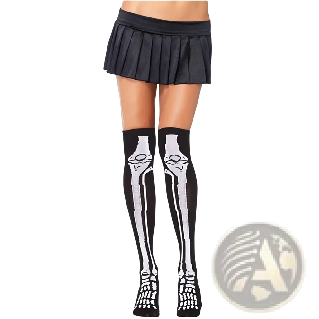 Black knee-high stretchy knit socks with detailed white skeletal leg design skeleton print halloween thigh high stockings