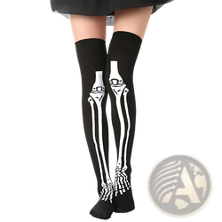 Black over-the-knee socks with white skeletal design featuring a skeleton print for halloween thigh high stockings