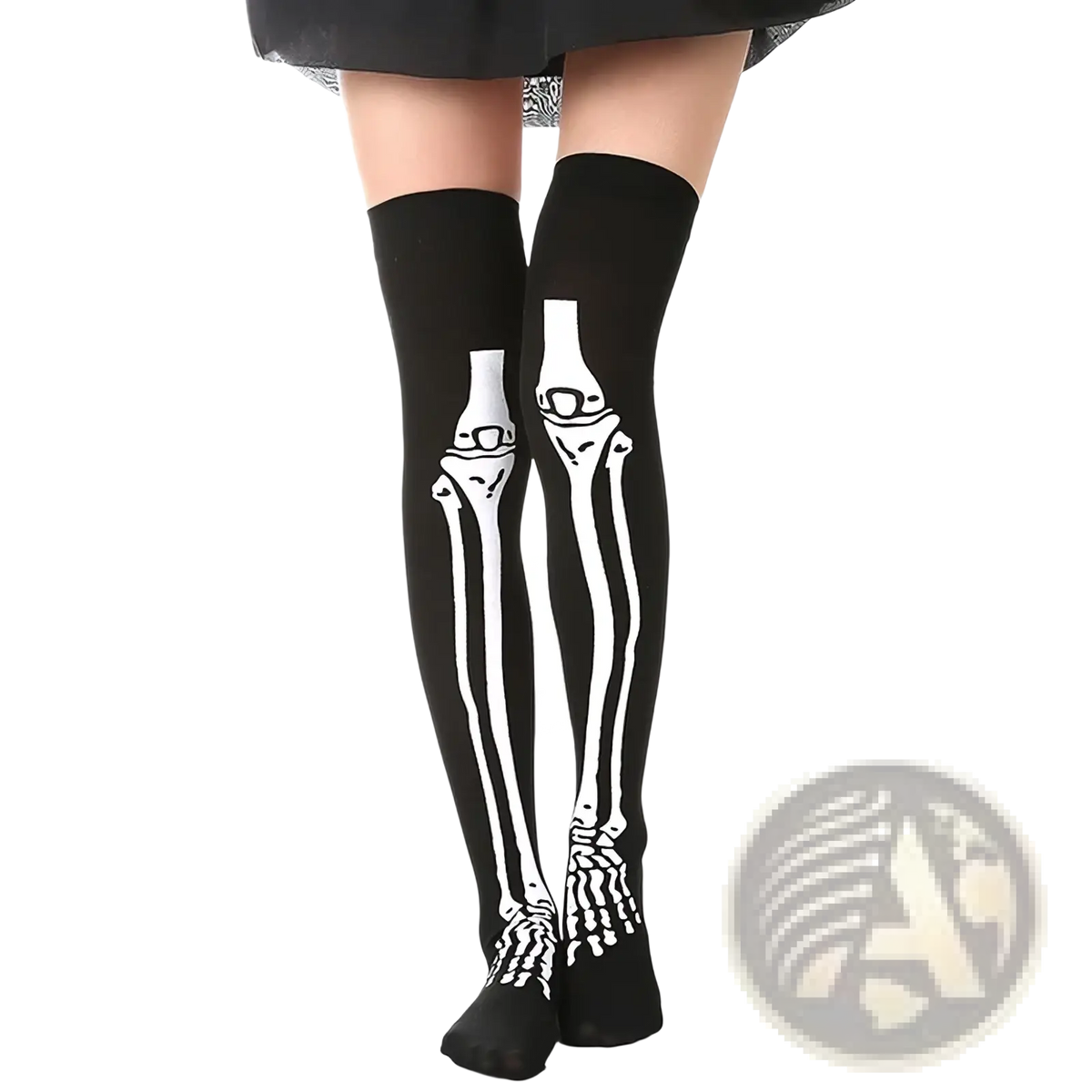 Black over-the-knee socks with white skeletal design featuring a skeleton print for halloween thigh high stockings