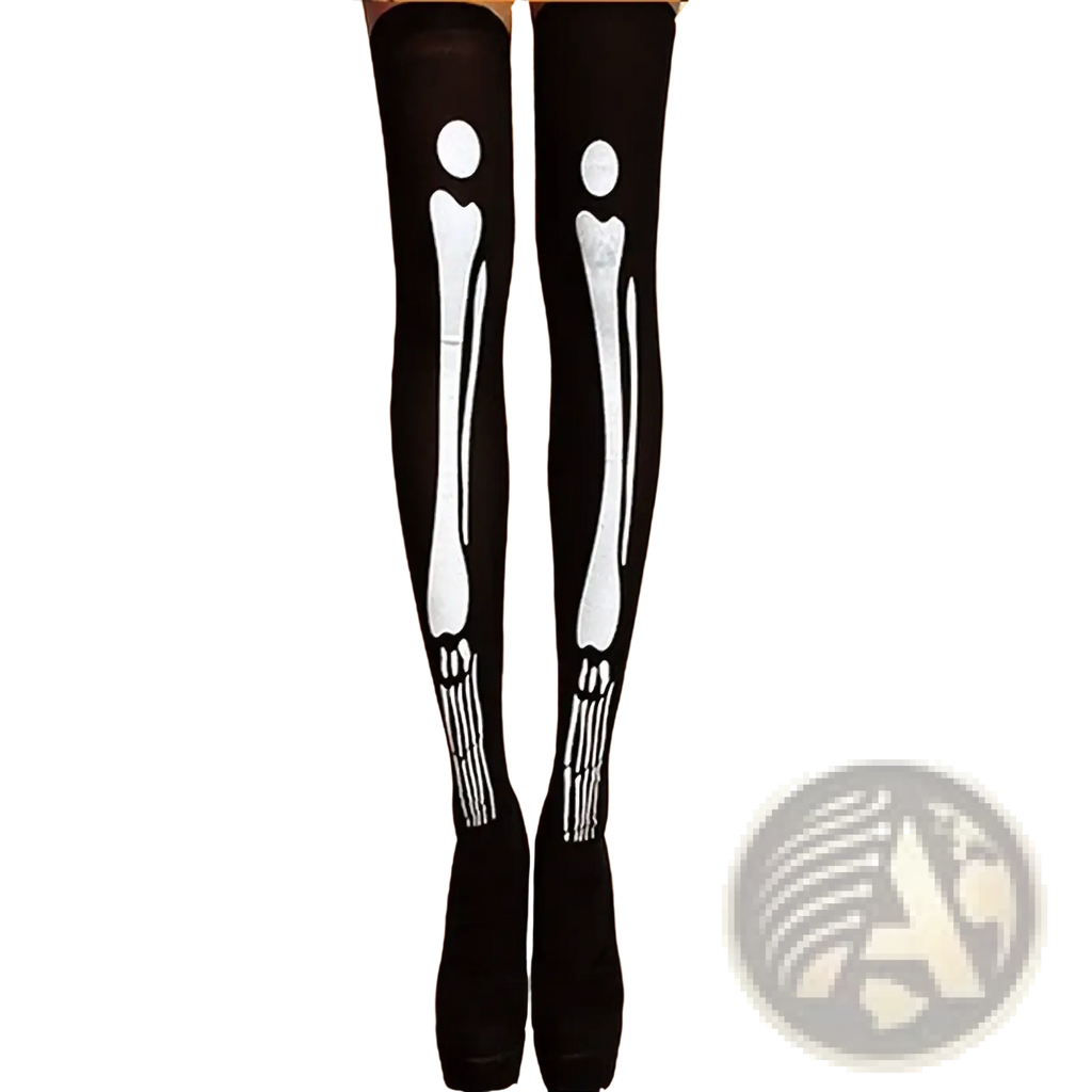 Black thigh high stockings with white skeletal print design perfect for Halloween costume wear