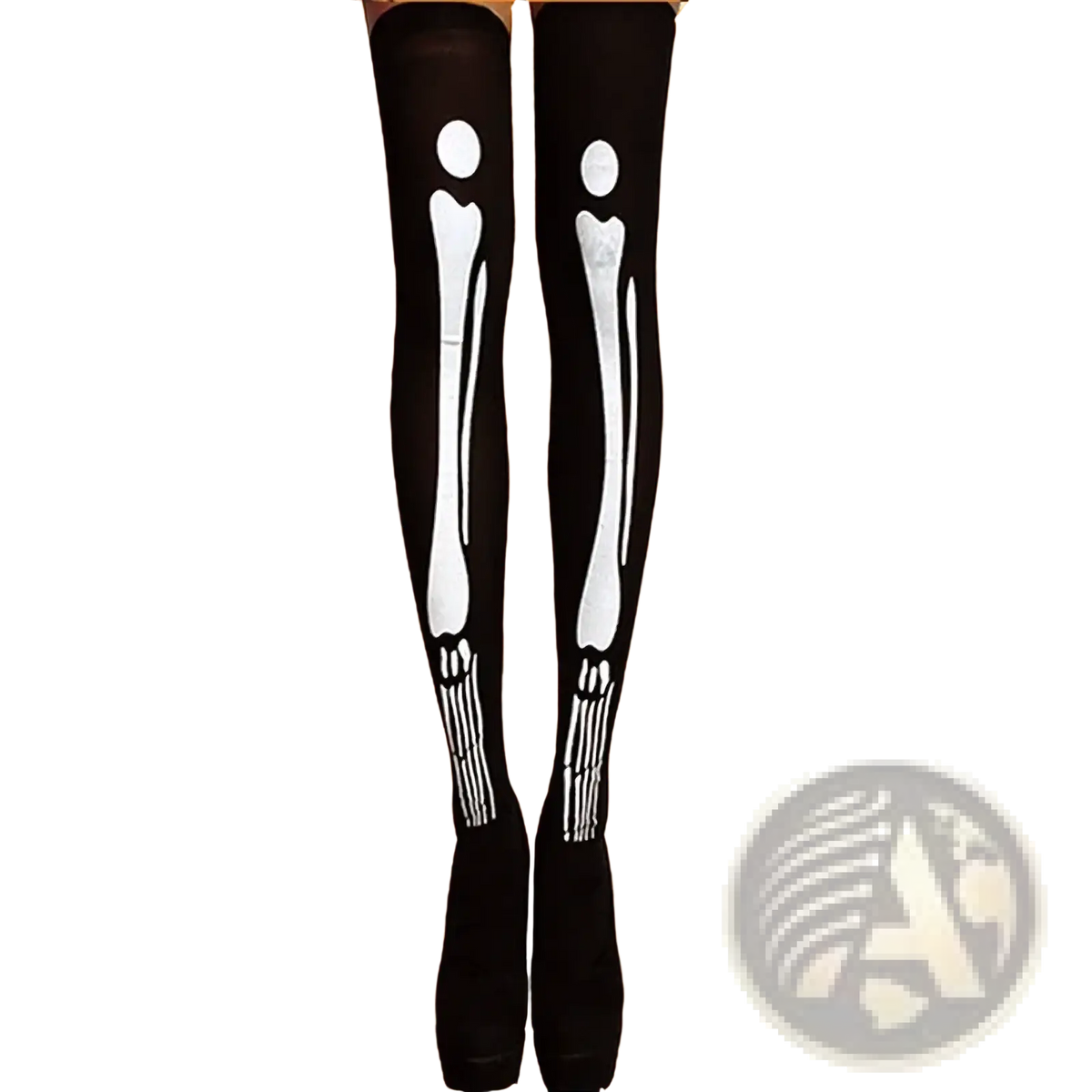 Black thigh high stockings with white skeletal print design perfect for Halloween costume wear