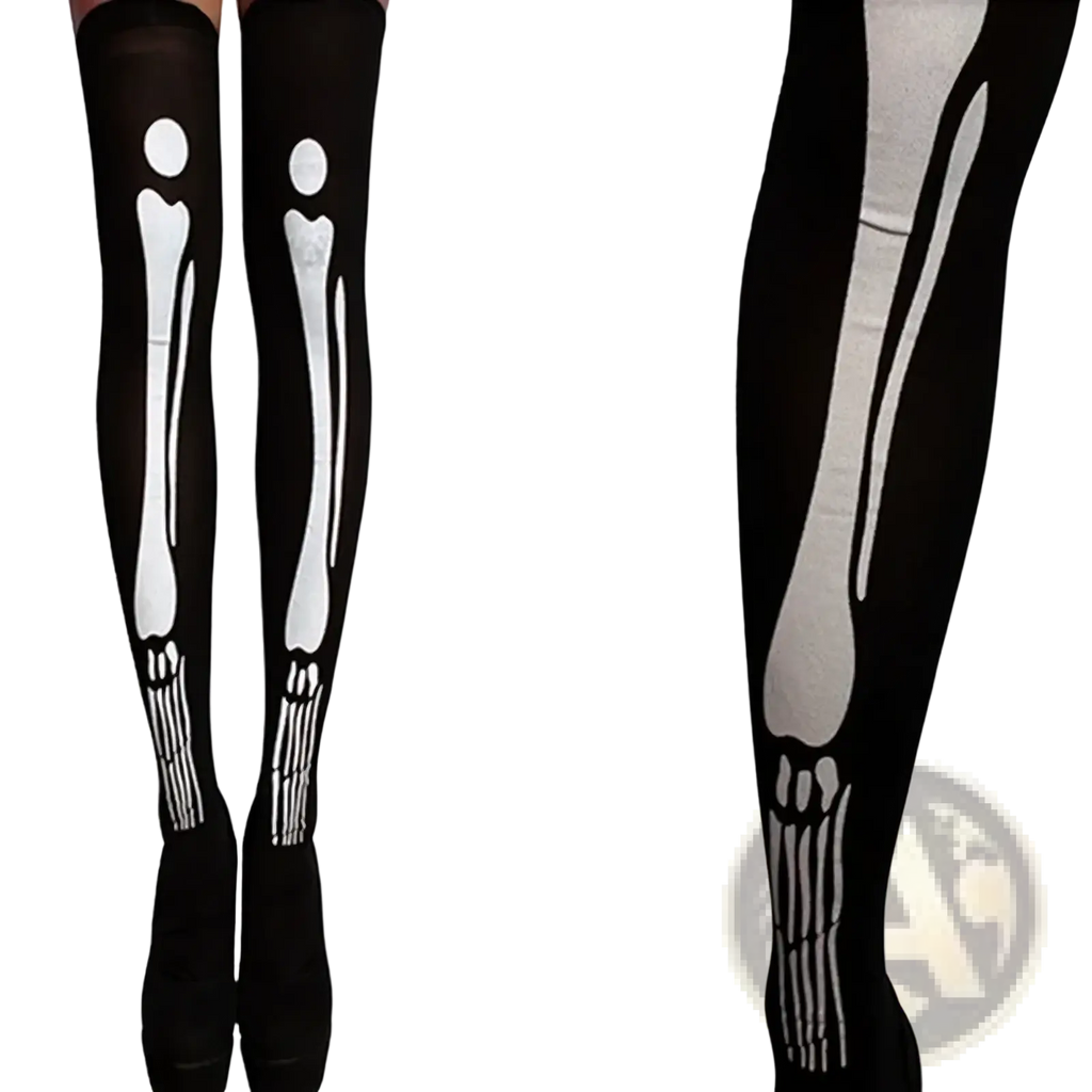 Black thigh high stockings with white skeletal print designed for Halloween themed wear