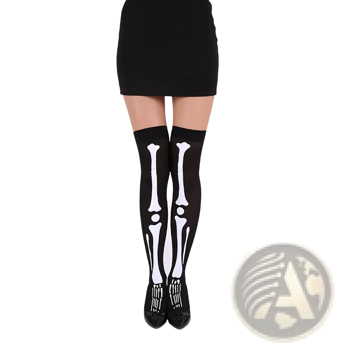 Black thigh-high stockings with white skeletal print designed for halloween costume use