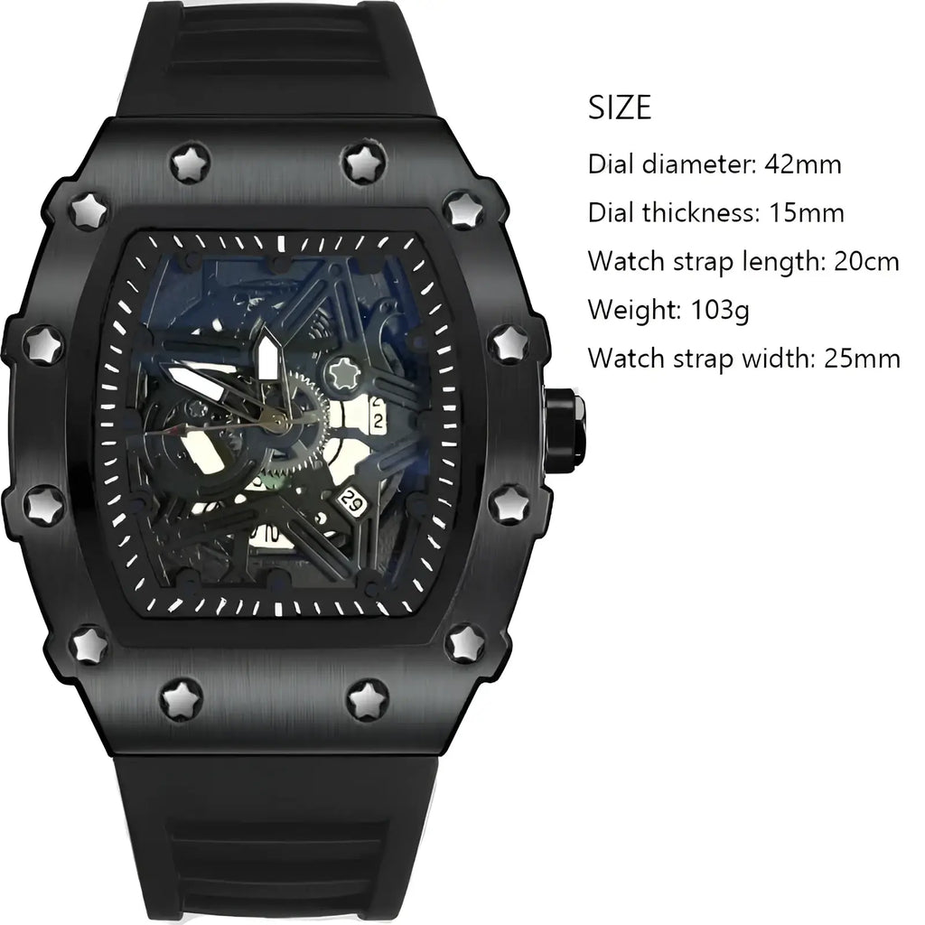 Black skeleton quartz watch with matte case and star-shaped screws featuring exposed mechanical movement