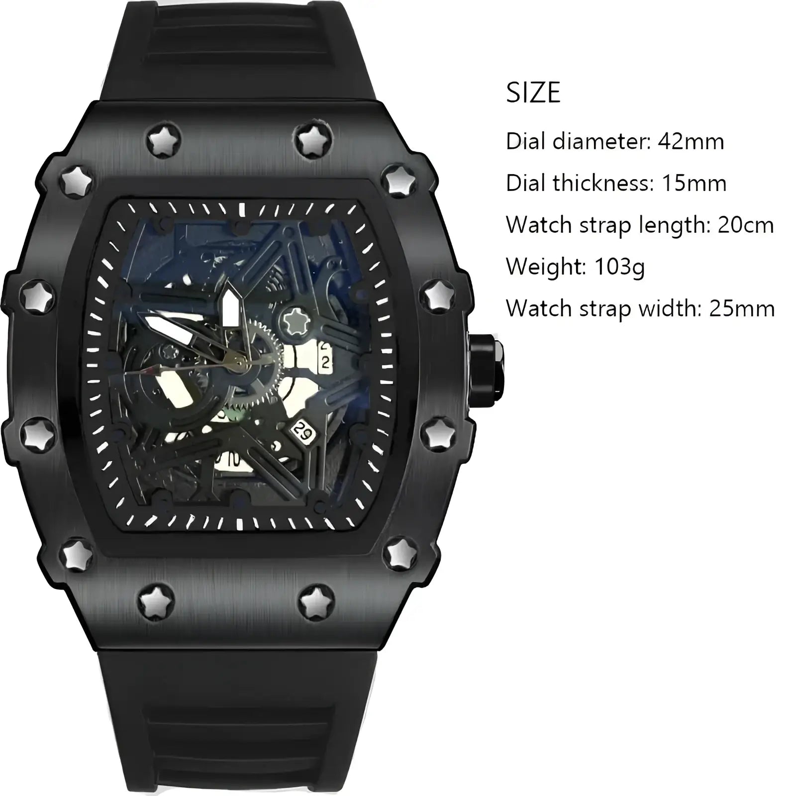 Black skeleton quartz watch with matte case and star-shaped screws featuring exposed mechanical movement