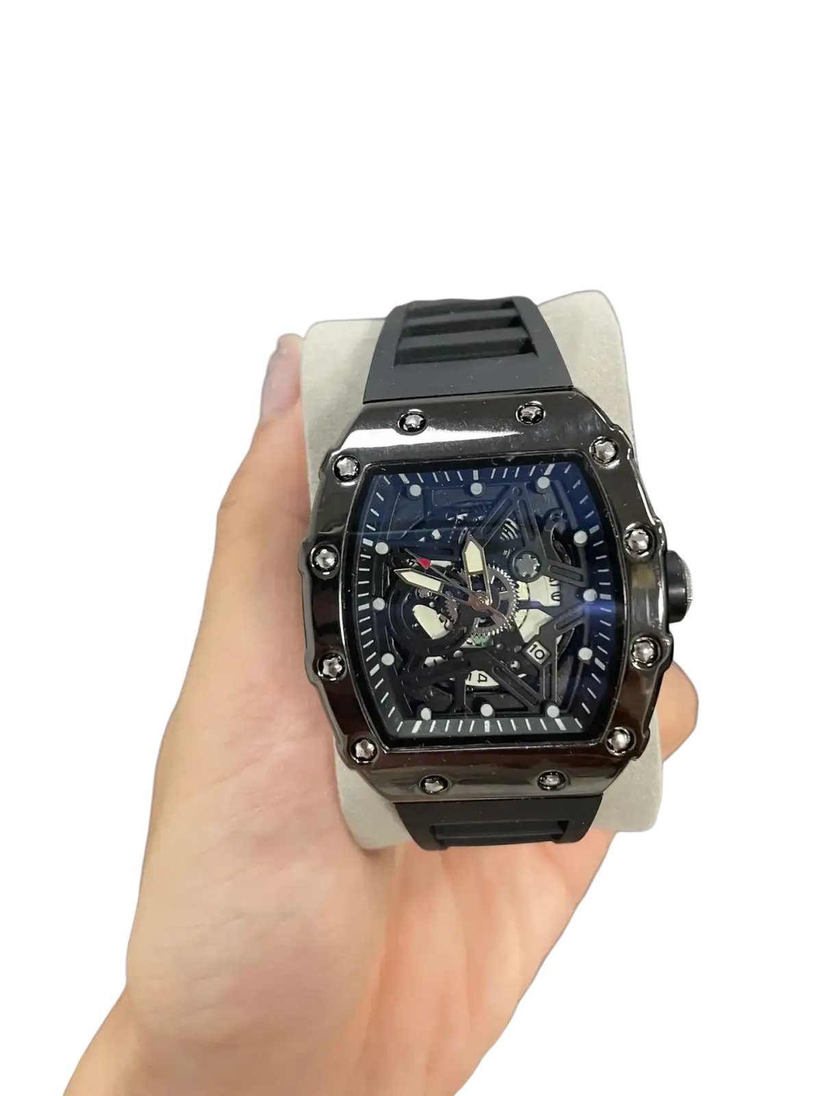 Black richard mille rm 017 skeleton quartz watch with blue dial and black rubber strap for men in tonneau shape
