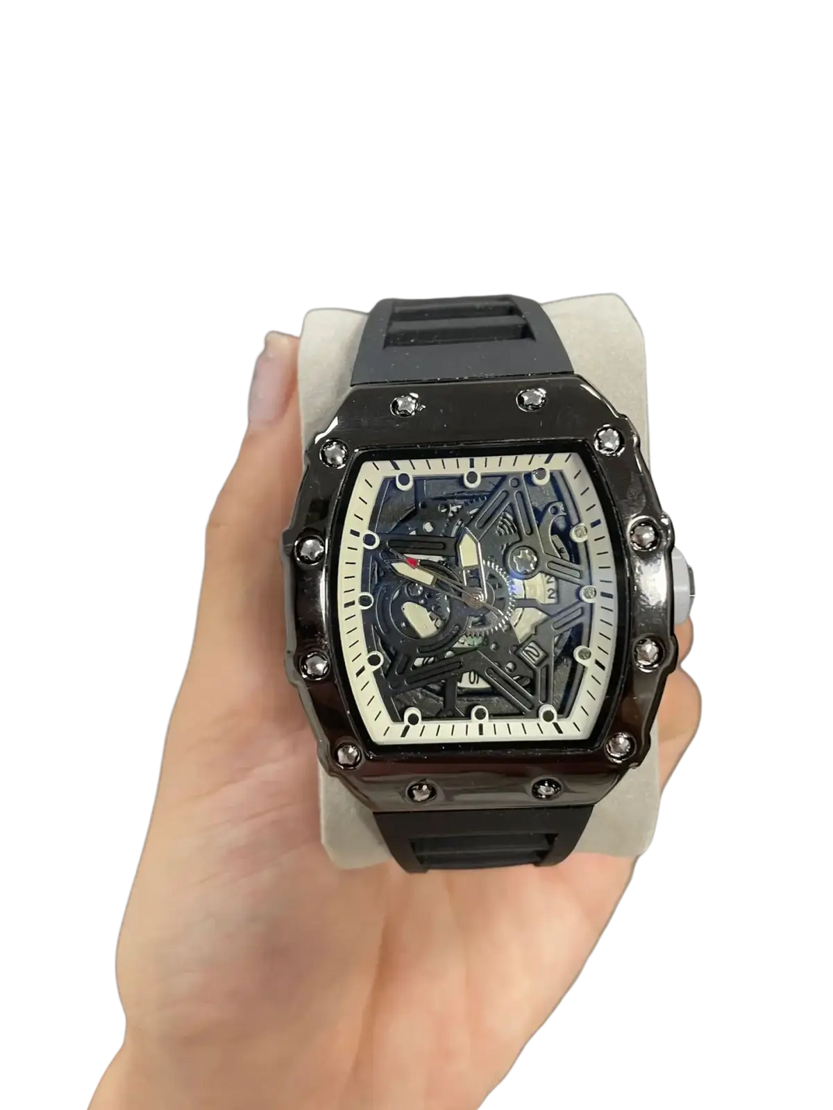 Black richard mille rm 057 skeleton quartz watch with blue dial and transparent face revealing mechanical movement