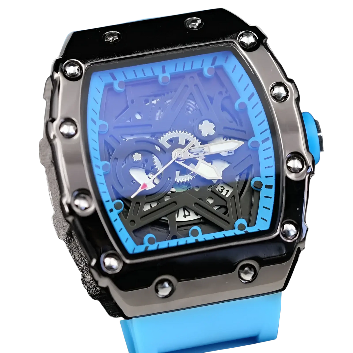 Skeleton quartz watch with blue dial and black skeletonized sporty rectangular tonneau case for men