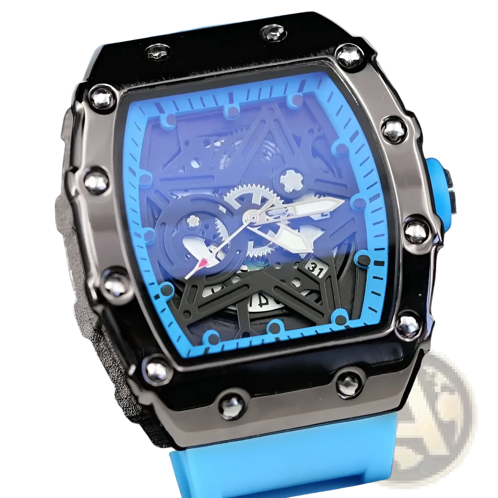 Skeleton quartz watch with blue dial and black skeletonized sporty rectangular tonneau case for men
