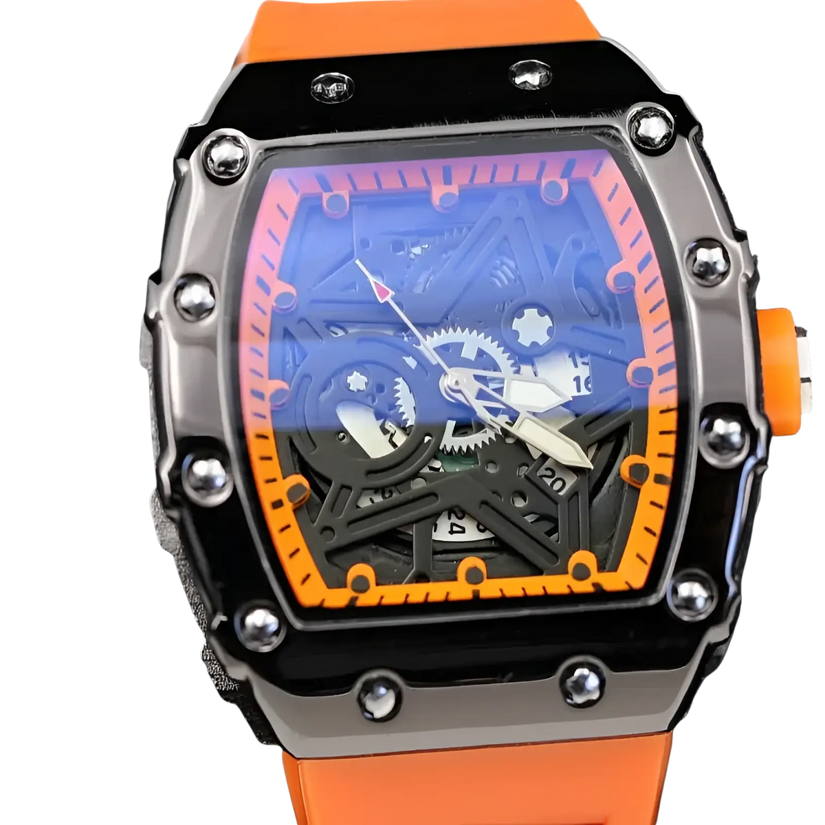 Skeleton quartz watch blue dial tonneau men with orange and black design, vibrant blue dial, exposed gears, and silver screws