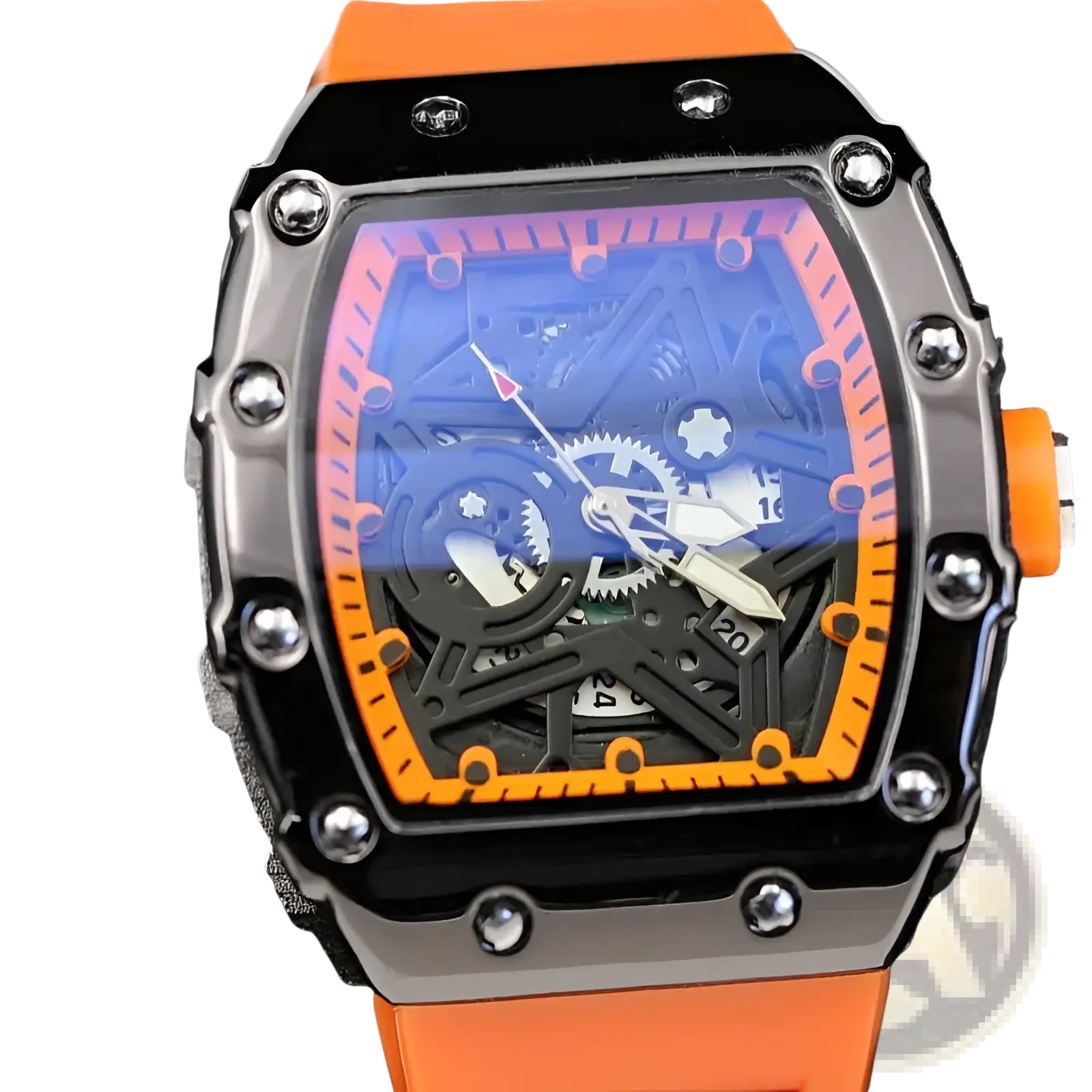 Skeleton quartz watch blue dial tonneau men with orange and black design, vibrant blue dial, exposed gears, and silver screws