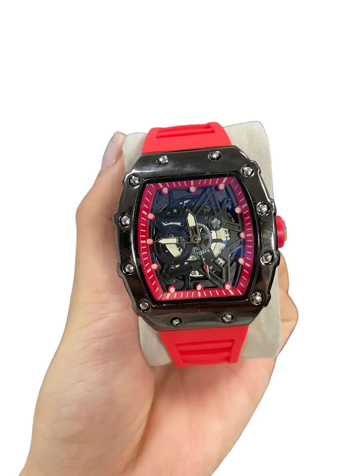 Skeleton quartz watch with blue dial tonneau men featuring red rubber strap and black case richard mille rm 017 bezel