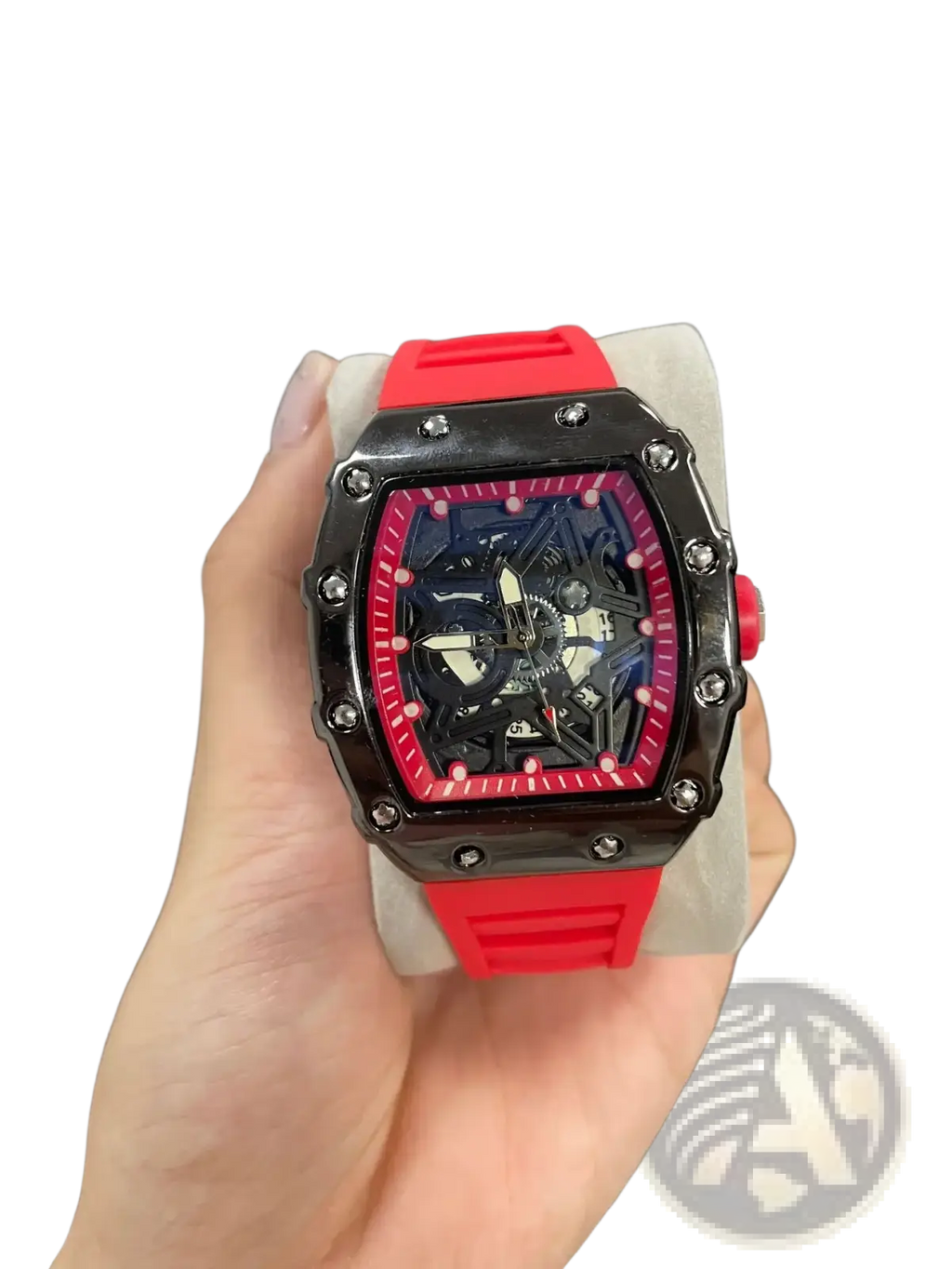 Skeleton quartz watch with blue dial tonneau men featuring red rubber strap and black case richard mille rm 017 bezel