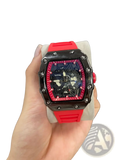 Skeleton quartz watch with blue dial tonneau men featuring red rubber strap and black case richard mille rm 017 bezel