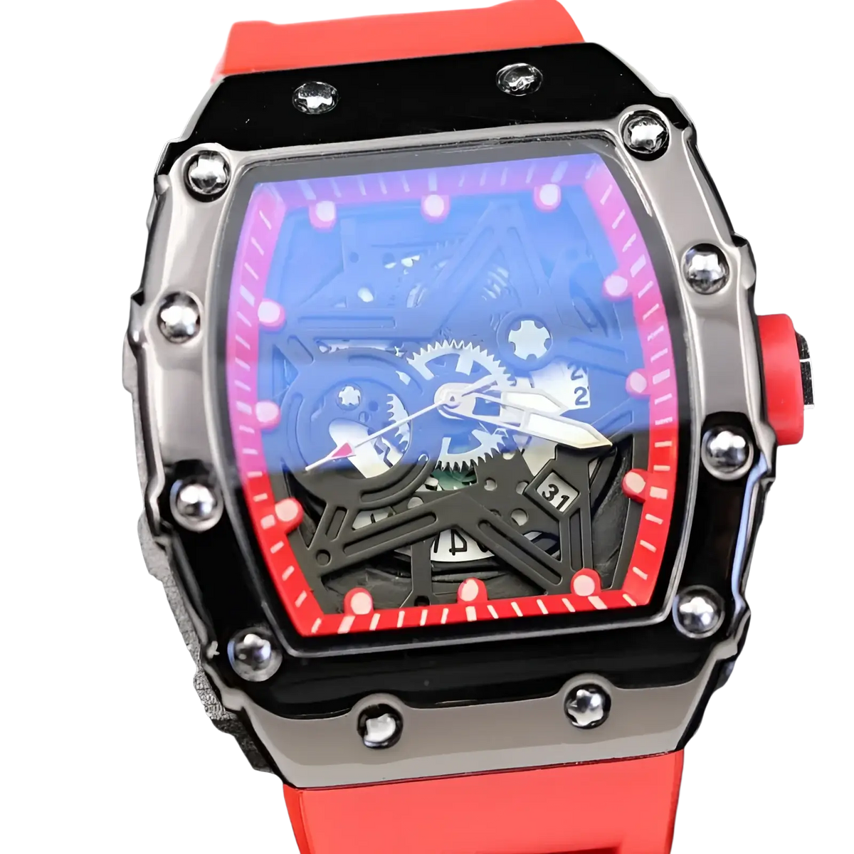 Red silicone strap skeleton quartz watch for men with black silver case and exposed blue mechanical movement